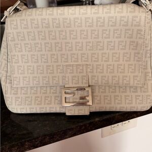 Fendi Ivory Zucca Canvas Shoulder Bag with Silver-Tone FF Clasp